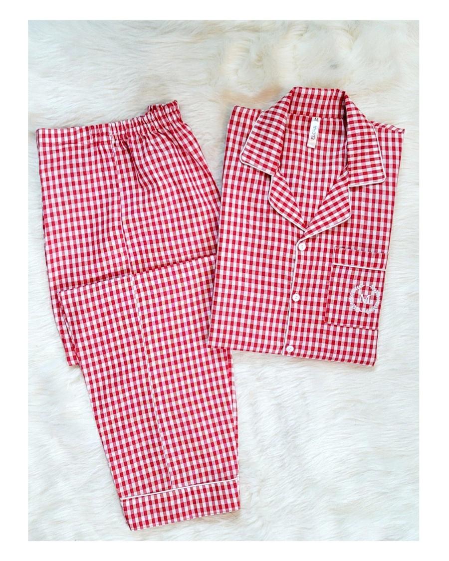 Red and White Checkered Cotton (Optional Initials Embroidered Pocket)