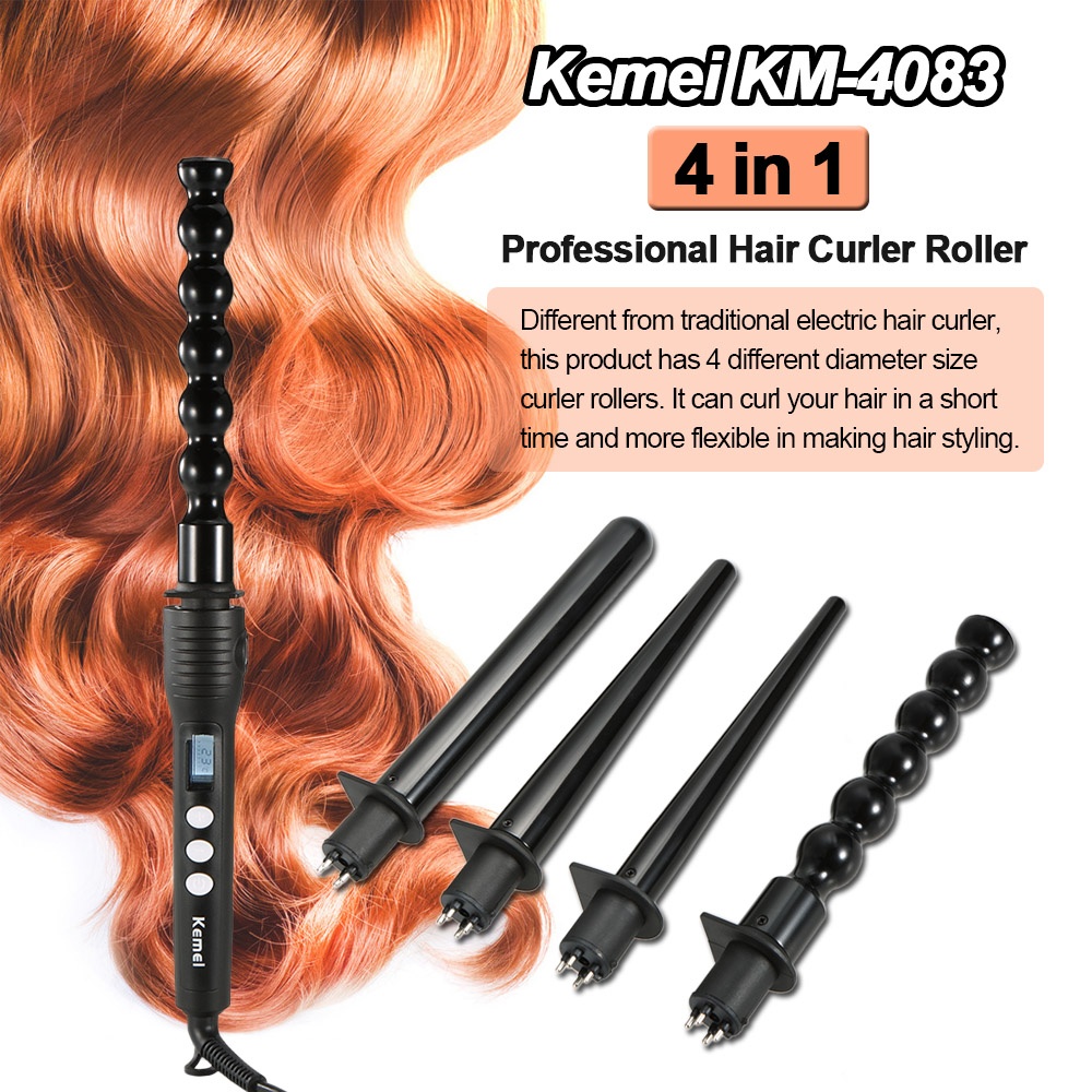 Kemei km-4083 Professional Hair Curler Set Black 4 in 1 with digital temperature control