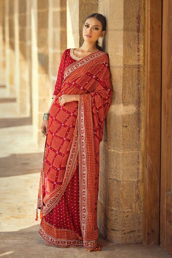 Gold-and-Lacquer-Printed-Chiffon-Unstitched-Saree-with-Raw-Silk-Blouse-PRS-42004