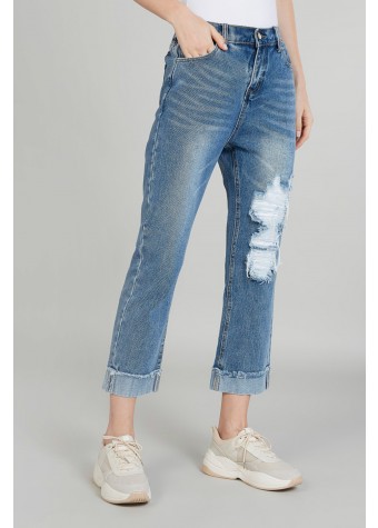 Distressed Cropped Mid-Rise Jeans with Pocket Detail and Belt Loops