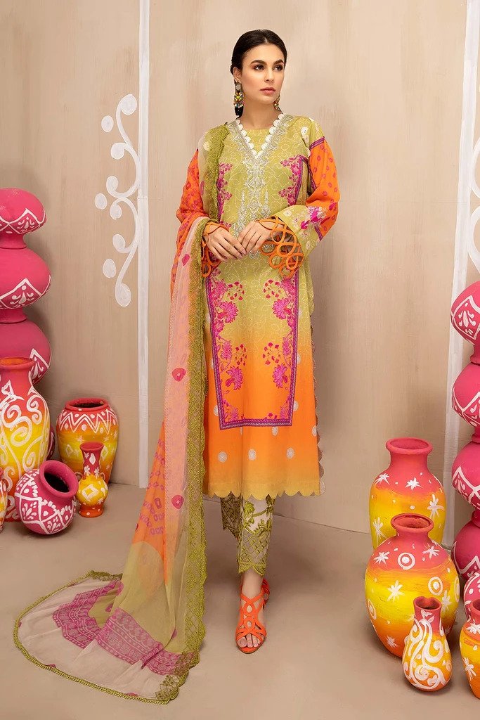 3-piece Unstitched Embroidered Lawn With Chiffon Dupatta CHN-09 