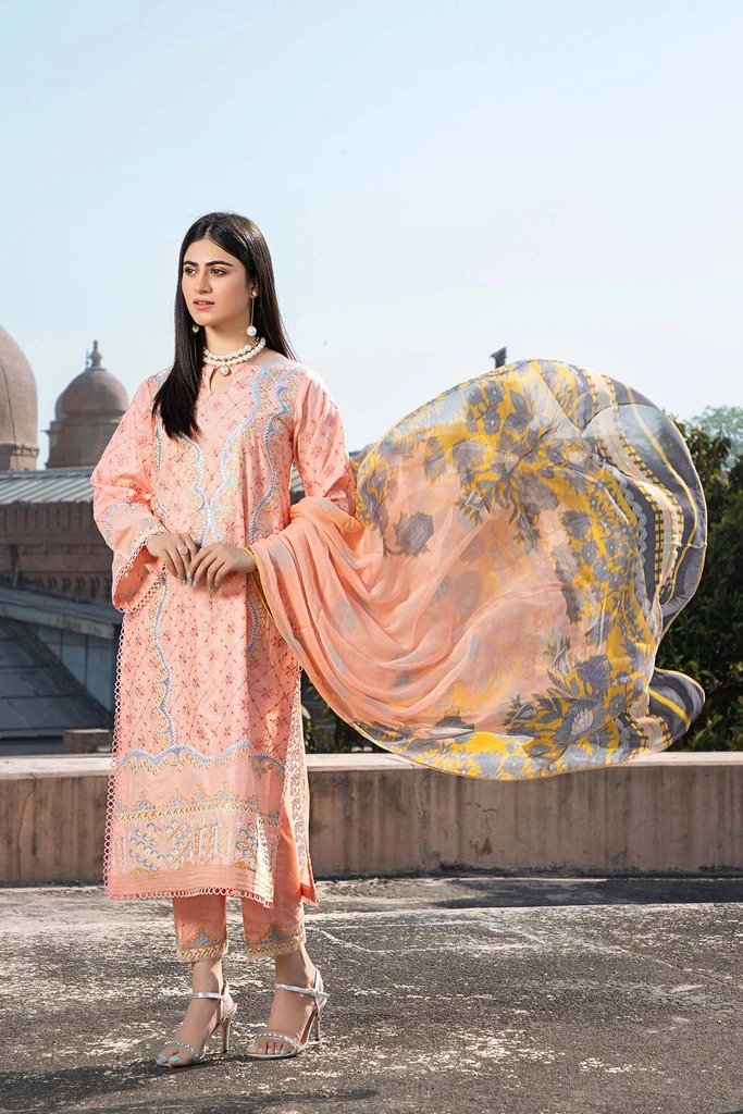3 Pc Unstitched Embroidered Lawn With Chiffon Dupatta CSL-07 