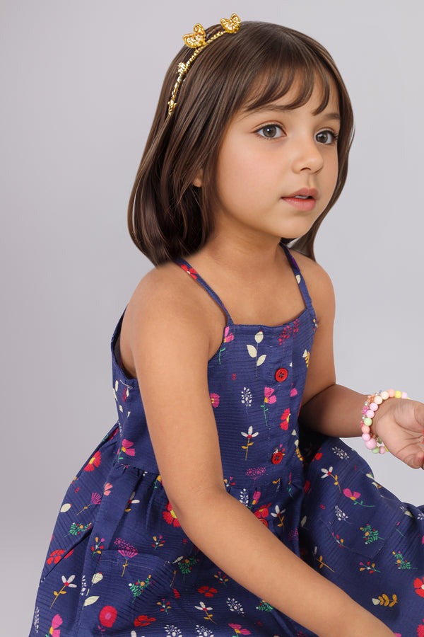 Stitched-Cotton-Dobby-Sleeveless-Tier-Panel-Floral-Dress-For-Kid'S-54104